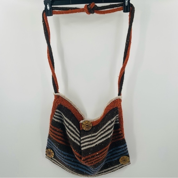 Handmade Nubby Knit Brown Rust Blue White Wood Hobo Bag Satchel Boho Crossbody - Picture 10 of 10